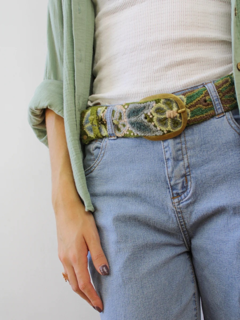 Green Embroidered Floral Wool Belt with Brass Buckle